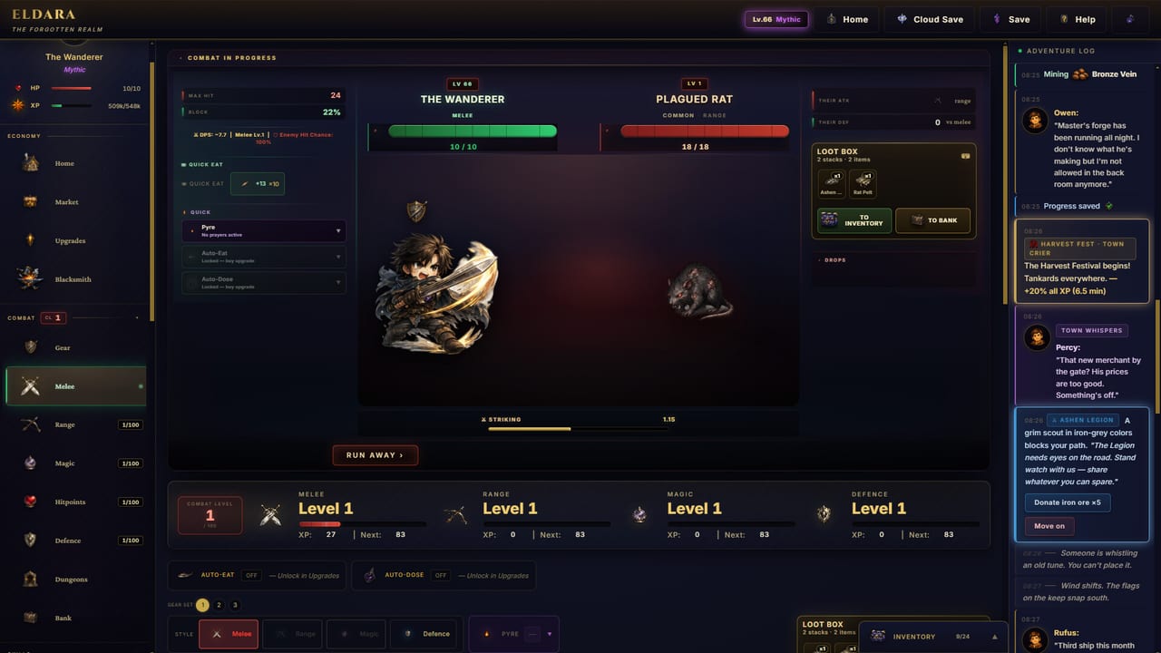 Eldara combat screen: The Wanderer in melee against a Plagued Rat, with skill bars, auto-eat, and the adventure log